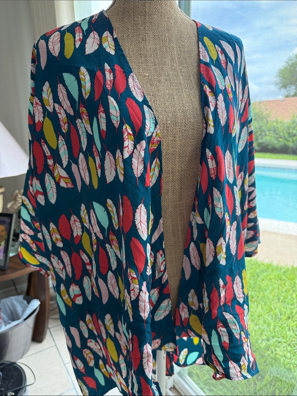 LuLaRoe Teal Open kimono with Pink, Red & Yellow Feather Print